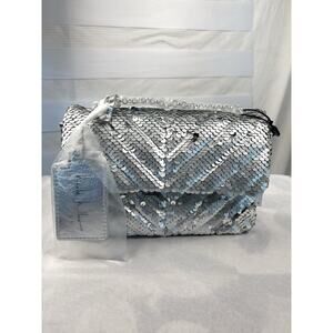 Nicole Miller Silver Sequin Quilted Chain Strap Crossbody Small Bag Purse NWT